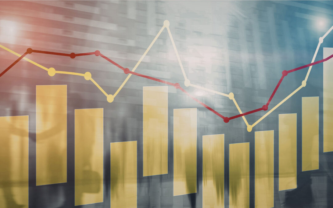 An abstract financial data visualization overlaying a blurred urban background with silhouettes of people - https://www.staplesagency.com/