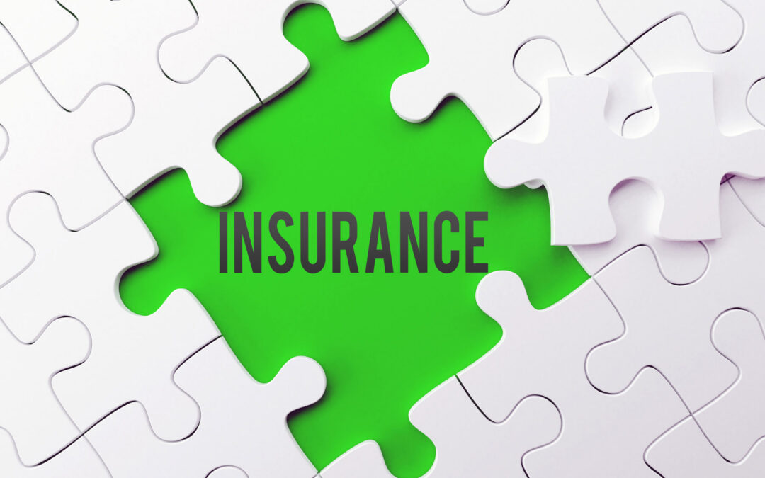 White jigsaw puzzle with a missing piece revealing a green background labeled 'INSURANCE'.