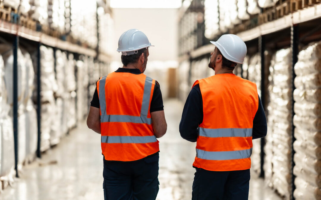 Two warehouse workers in white hard hats and orange safety vests walking down an aisle lined with stacked palletized goods.
