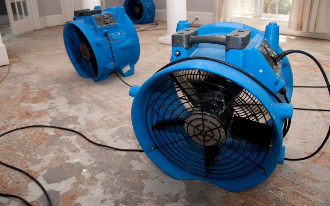 Two large, blue industrial air movers sit on a bare concrete floor inside a room undergoing renovation or water damage restoration - https://www.staplesagency.com/