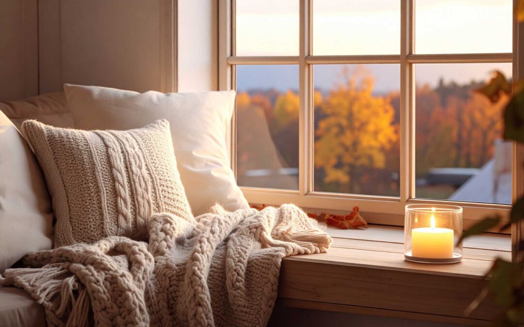 Cozy nook with knit pillows and blanket beside a window. A lit candle adds warmth - staplesagency.com