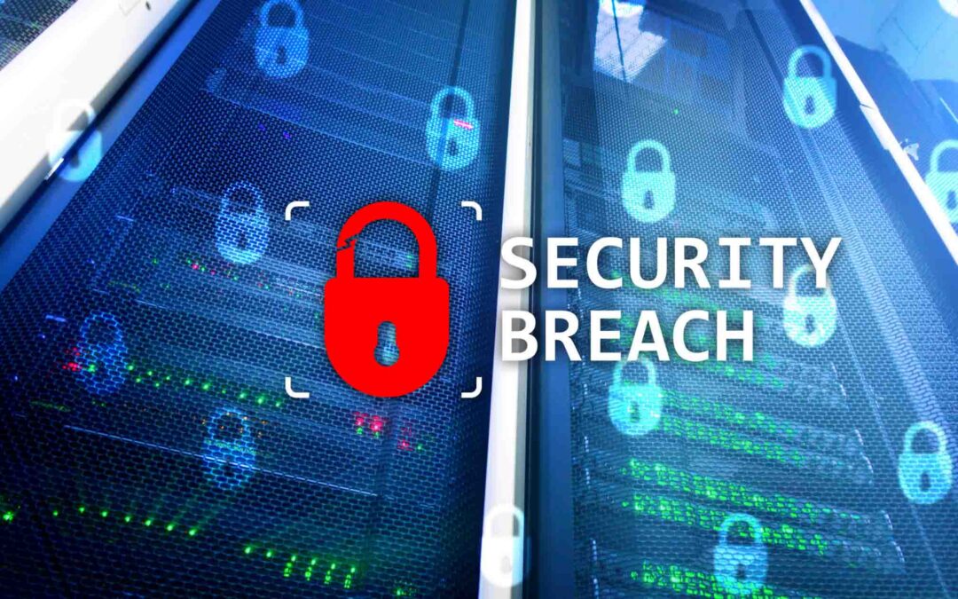 Cybersecurity illustration showing a red padlock and the words “Security Breach” over blue digital server racks.